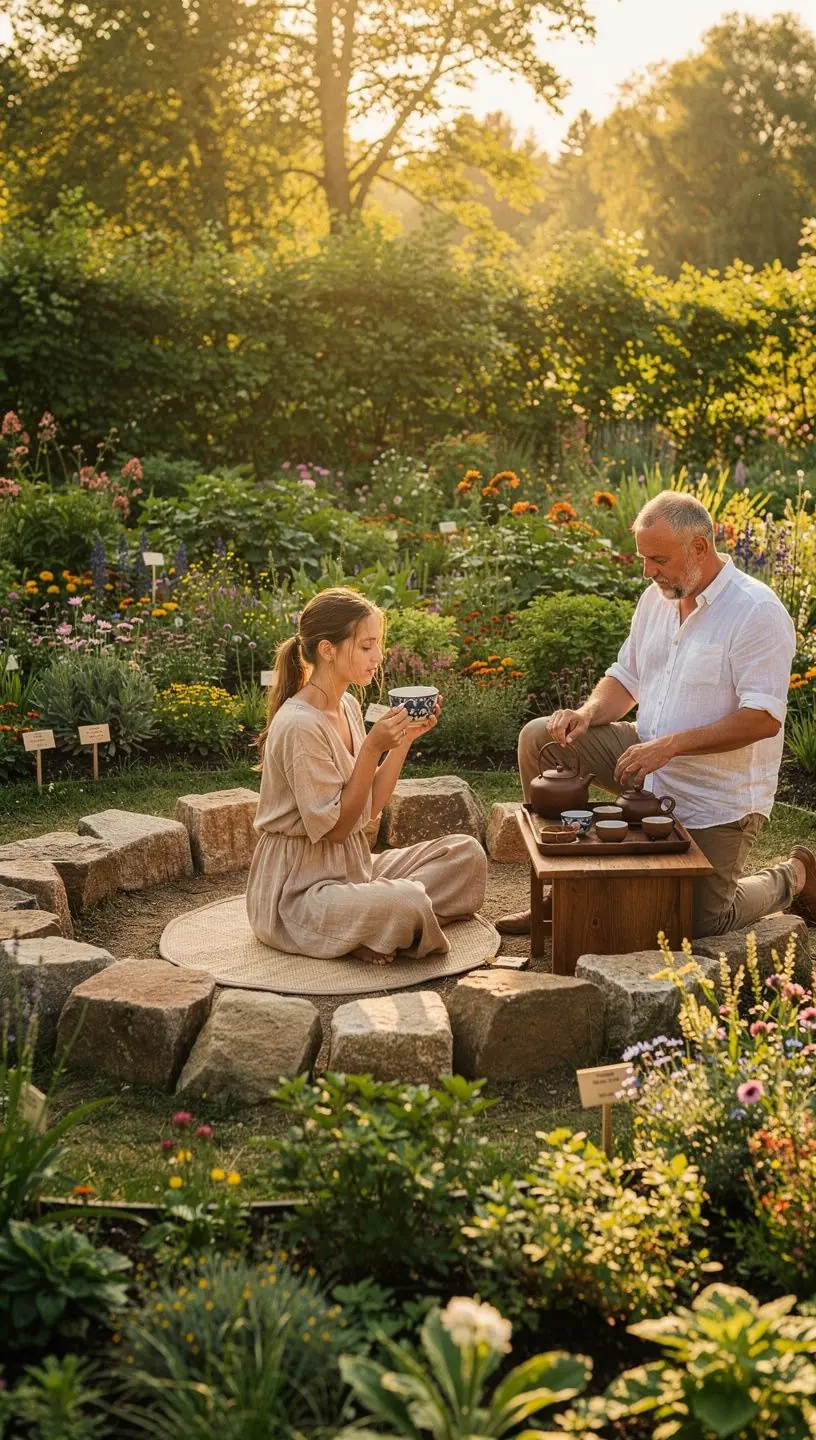 Arbatos puodelis su garuojančiu žolelių užpilu ant medinio stalo, simbolizuojantis atsipalaidavimą ir natūralią sveikatą.